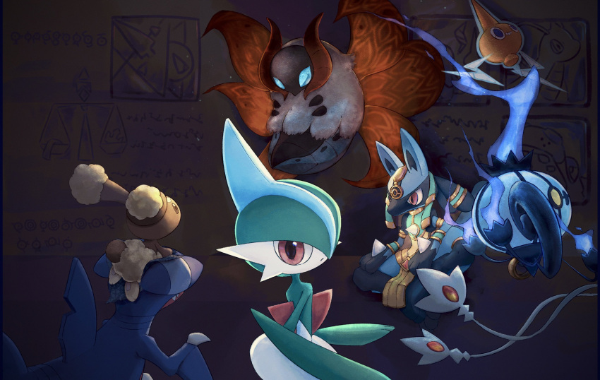 azelf blue_eyes blue_fire blue_skin brown_eyes brown_fur bug buneary chandelure clothed_pokemon colored_skin dragonite fire fireblast gabite gallade glowing glowing_eyes green_hair highres lucario moth multiple_wings no_humans pokemon pokemon_(creature) rabbit red_eyes regigigas rotom rotom_(normal) sharp_teeth sitting teeth unownglyphics volcarona white_fur white_skin wings yellow_eyes