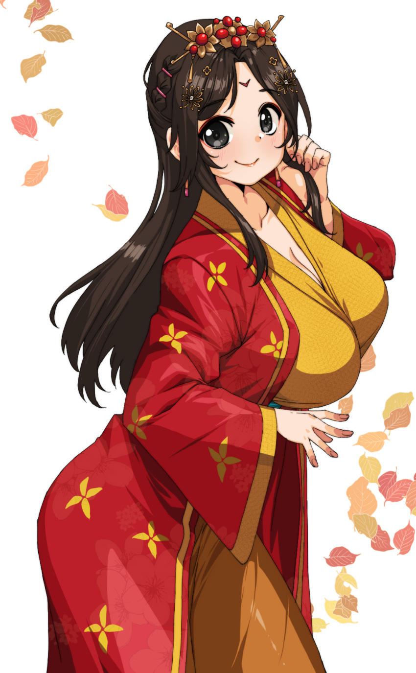 1girl blush breasts chinese_clothes closed_mouth coat commission commissioner_upload dress eye_mask facial_mark forehead_mark hair_ornament hairpin hand_in_own_hair hero's_adventure_road_of_passion highres large_breasts leaf leaf_background long_sleeves non-web_source pixiv_commission princess_fu_qing_(hero's_adventure_road_of_passion) rantia red_coat smile solo upper_body yellow_dress