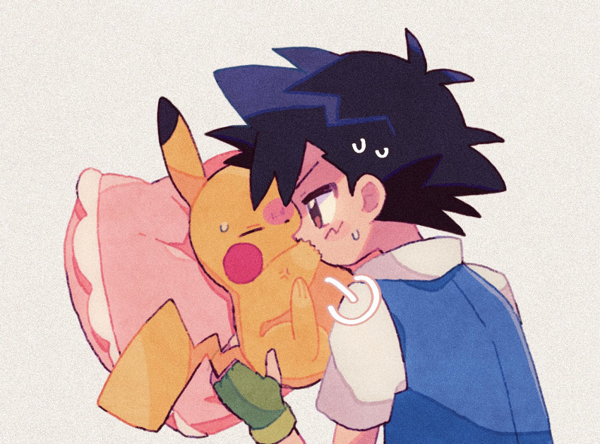 1boy anger_vein animal annoyed ash_ketchum black_hair blue_jacket blush_stickers brown_eyes collared_jacket fingerless_gloves gloves green_gloves grey_background high_collar holding holding_animal holding_pokemon jacket male_focus mgomurainu on_pillow pikachu pillow pokemon pokemon_(anime) pokemon_(classic_anime) pokemon_(creature) short_hair short_sleeves sigh simple_background spiked_hair sweatdrop upper_body