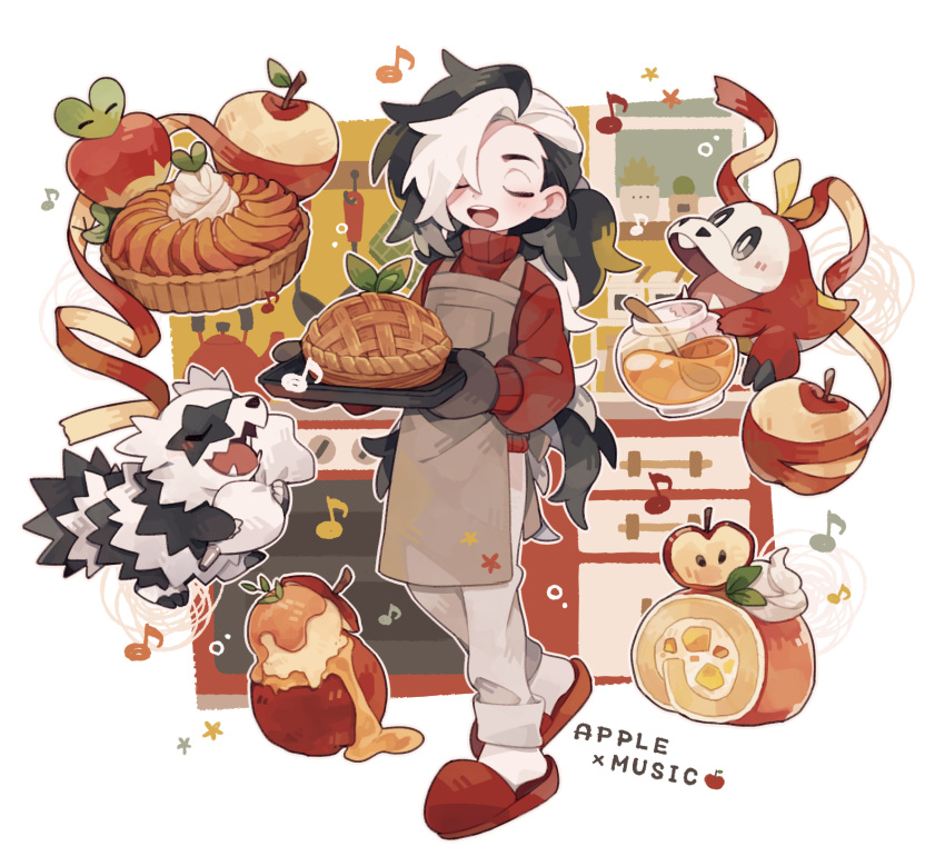 1boy apple apple_pie applin apron black_hair blush bowl brown_apron brown_pants cake closed_eyes commentary_request cream english_text food fruit fruit_tart fuecoco full_body highres holding honey kettle kitchen long_hair multicolored_hair musical_note oven oven_mitts pants pastry_bag peeling pie piers_(pokemon) pokemon pokemon_(creature) pokemon_swsh red_sweater saku_anna slippers smile socks spoon sweater swiss_roll tart_(food) teeth two-tone_hair upper_teeth_only white_hair white_socks zigzagoon