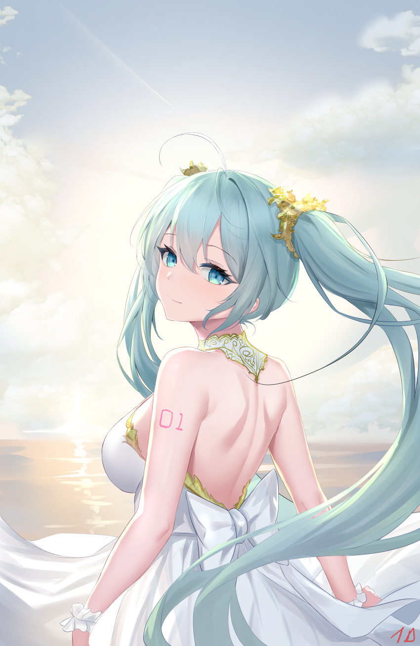 1girl absurdres ahoge aqua_hair arm_tattoo back_bow backless_dress backless_outfit blue_eyes bow breasts dress from_behind gold_trim hair_ornament hatsune_miku highres long_hair looking_back median_furrow nanoda002_(saber427) number_tattoo ocean sleeveless sleeveless_dress tattoo twintails vocaloid water white_bow white_dress