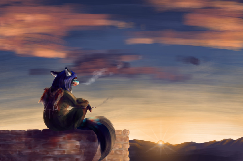 2020 anthro arati arativulpes blood_stain blue_hair cigarette clothing cloud digital_media_(artwork) female fexneel_(character) fexneel_denisse fluffy fluffy_tail hair hi_res mammal mutilation notched_wings sky smoke solo sunset tail wings