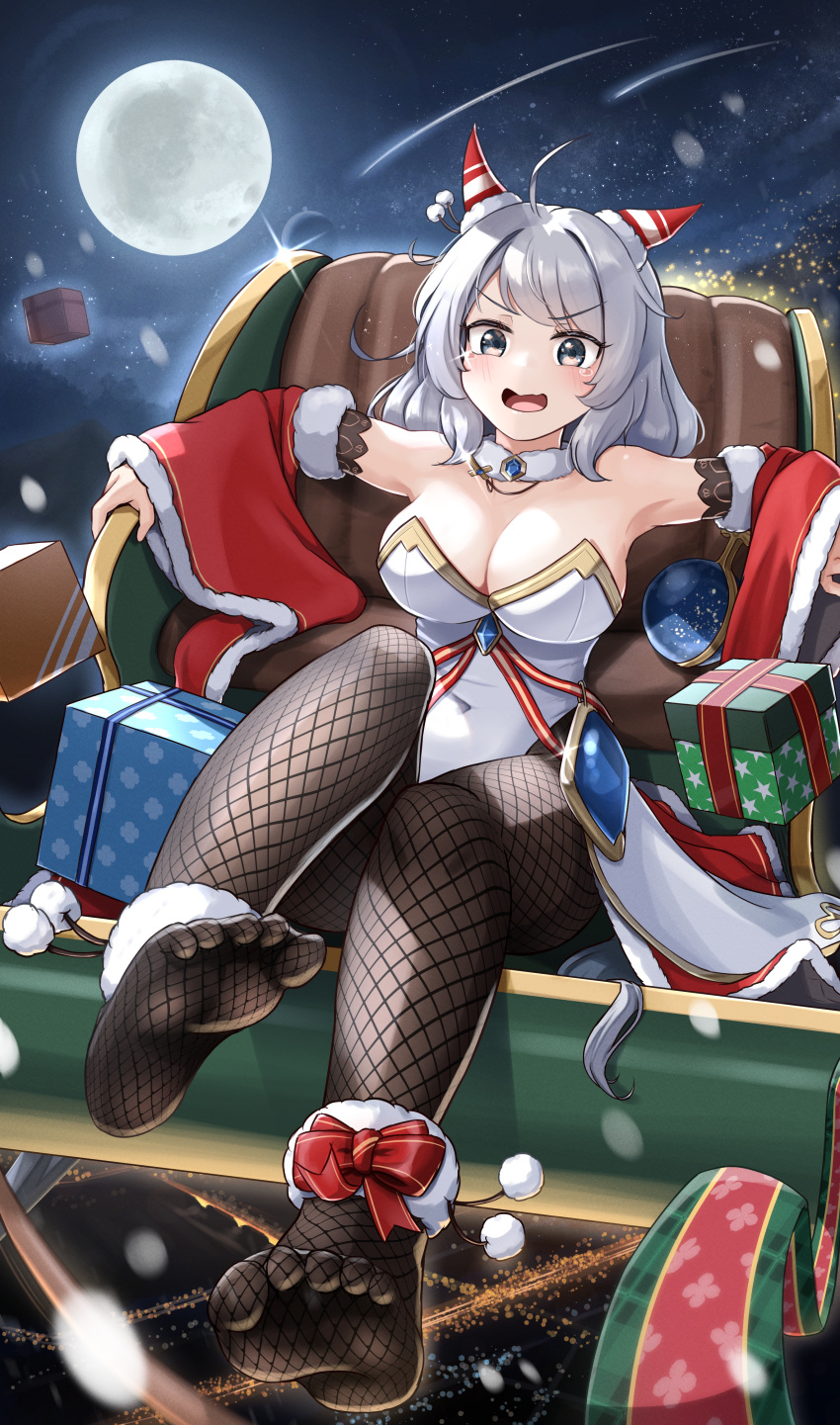 1girl absurdres alternate_costume animal_ears arms_at_sides box breasts brown_eyes christmas cleavage collarbone commentary_request detached_sleeves ear_covers feet fishnet_pantyhose fishnet_thighhighs fishnets foot_focus gift gift_box grey_hair hair_ornament highres hishi_miracle_(umamusume) horse_ears horse_girl horse_tail large_breasts legs looking_at_viewer moon no_shoes open_mouth pantyhose shinonome_(shinonome_rynn) shooting_star sky sled soles solo star_(sky) starry_sky tail tears thighhighs toes umamusume