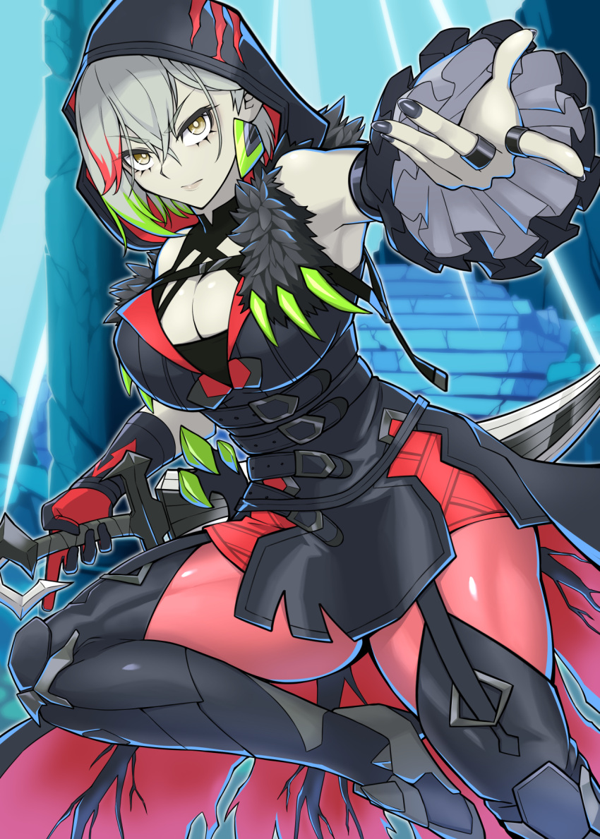 1girl breasts cleavage collarbone colored_tips detached_sleeves diabellstar_the_black_witch dress duel_monster earrings gloves green_hair grey_hair highres holding holding_sword holding_weapon hood hood_up jewelry large_breasts looking_at_viewer medium_hair multicolored_hair muscular muscular_female pale_skin pantyhose red_hair ring single_glove single_sleeve solo sword weapon yata_masahara yellow_eyes yu-gi-oh!