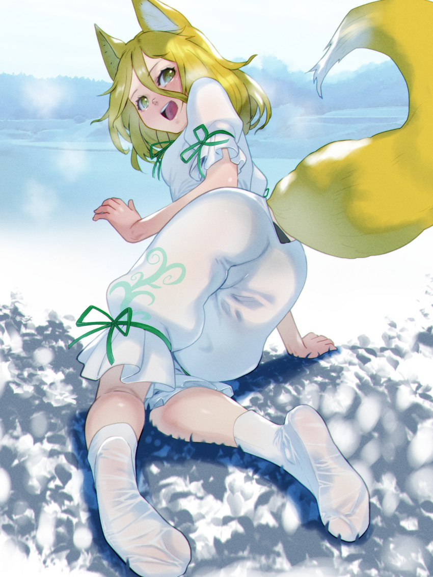 1girl animal_ear_fluff animal_ears arm_support bent_over black_panties blonde_hair fox_ears fox_girl fox_tail from_behind frozen_lake full_body green_ribbon hair_between_eyes highres ice kudamaki_tsukasa legs_together looking_at_viewer open_mouth outdoors panties panty_peek ribbon romper short_hair short_sleeves socks soles soon_(c-u-soon) tail tail_through_clothes touhou unconnected_marketeers underwear wet_legwear white_romper yellow_eyes