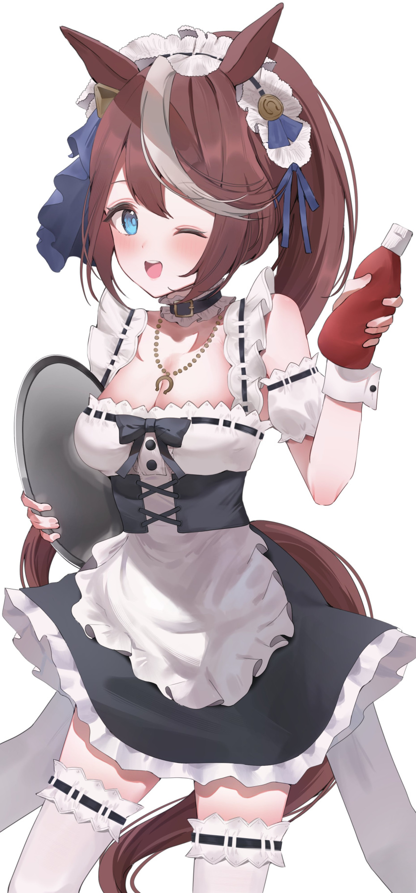 1girl absurdres alternate_costume animal_ears blue_eyes blush breasts brown_hair collarbone enmaided hair_between_eyes hair_ornament highres holding horse_ears horse_girl horse_tail jewelry ketchup looking_at_viewer maid maid_headdress necklace one_eye_closed ponytail simple_background small_breasts solo tail thighhighs tokai_teio_(umamusume) tray umamusume white_background yokawa_nagi