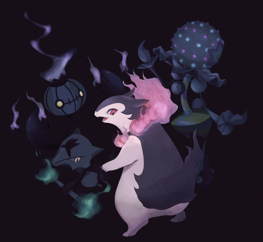 absurdres alolan_marowak blacephalon black_background chandelure commentary_request fangs fire fireblast glowing highres hisuian_typhlosion no_humans open_mouth pink_fire pokemon pokemon_(creature) purple_fire red_eyes simple_background yellow_eyes