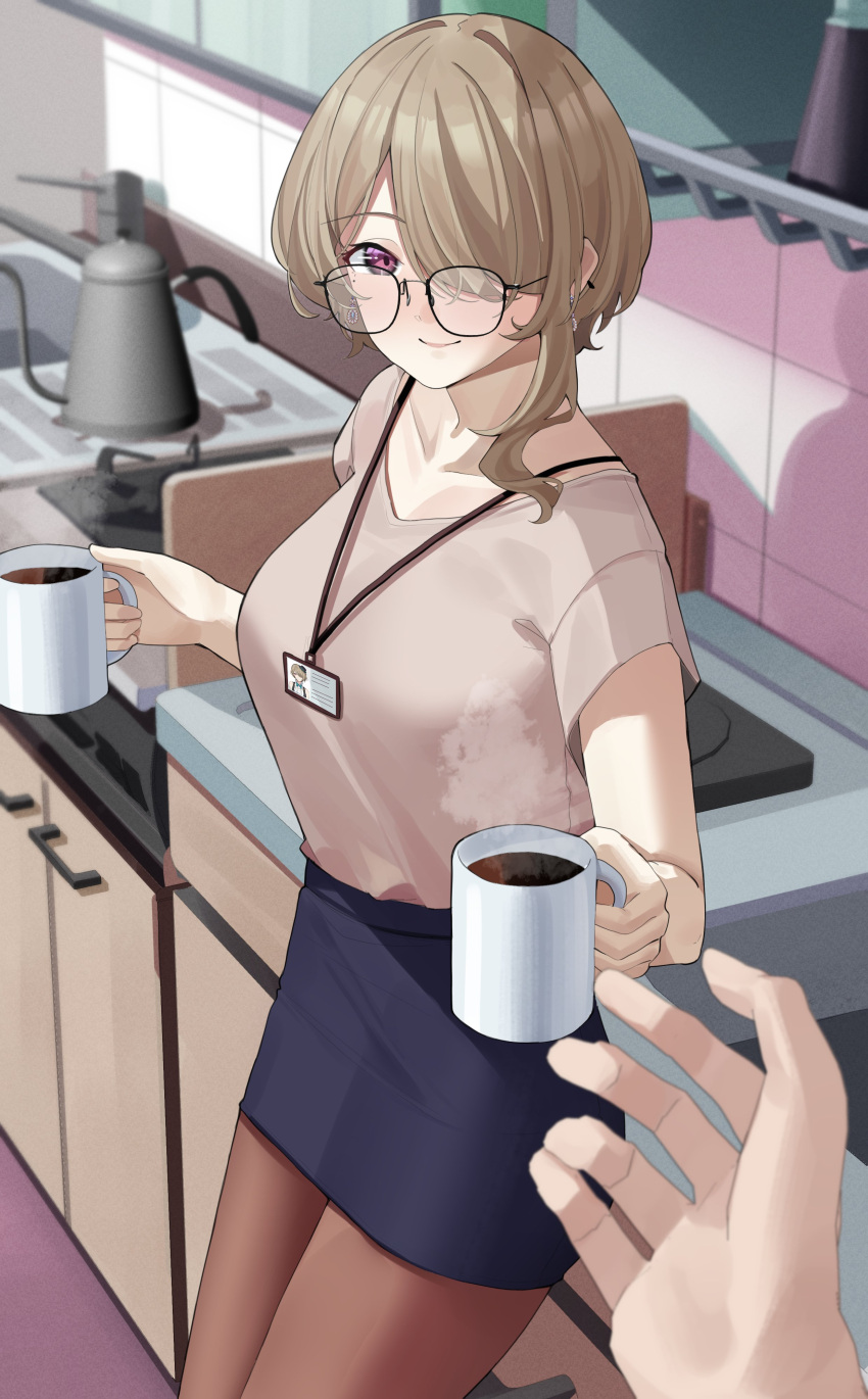 1girl 1other absurdres black-framed_eyewear blue_skirt breasts brown_hair brown_pantyhose brown_shirt closed_mouth collarbone commentary cup earrings english_commentary glasses haerge hair_over_one_eye highres holding holding_cup honkai_(series) honkai_impact_3rd indoors jewelry lanyard long_hair looking_at_viewer medium_breasts mug pantyhose purple_eyes rita_rossweisse shirt short_sleeves skirt smile standing steam tile_wall tiles