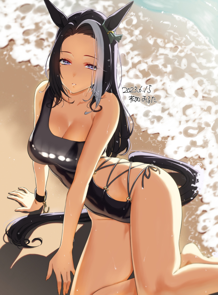 1girl alternate_hairstyle animal_ears arm_support artist_name bare_shoulders barefoot beach black_hair blue_eyes breasts cleavage commentary dated groin hair_down highres horse_ears horse_girl horse_tail large_breasts long_hair looking_at_viewer matuda_(matudayazo) mejiro_ramonu_(umamusume) multicolored_hair outdoors purple_eyes sitting solo swimsuit tail thighs two-tone_hair umamusume water wet wet_face