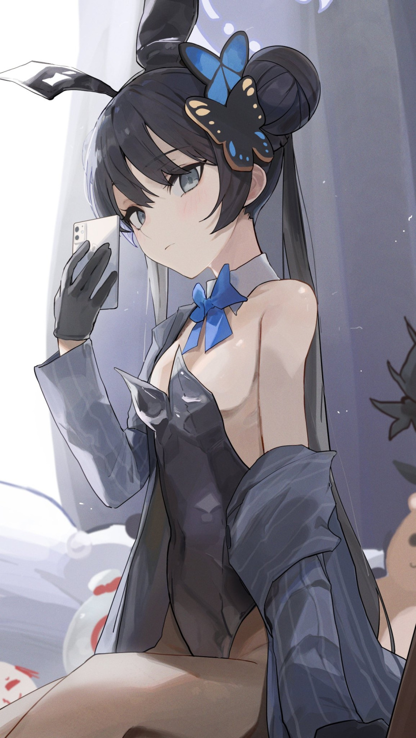1girl black_gloves black_hair black_leotard blanc_(whit_blanc) blue_archive blue_bow blue_bowtie bow bowtie butterfly_hair_ornament cellphone closed_mouth coat detached_collar double_bun gloves grey_coat grey_eyes grey_halo hair_bun hair_ornament halo highres holding holding_phone kisaki_(blue_archive) leotard long_hair long_sleeves looking_at_viewer phone smartphone solo strapless strapless_leotard striped striped_coat vertical-striped_coat vertical_stripes