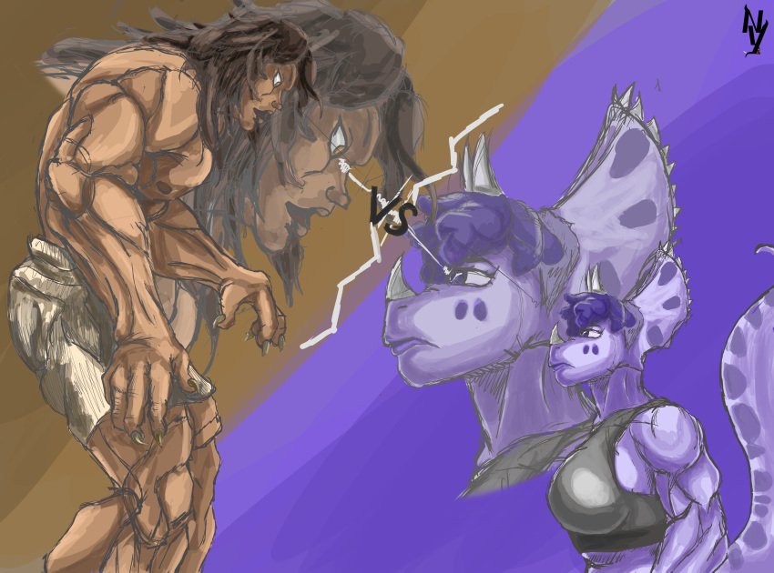 2024 3_horns 5_fingers absurd_res anthro baki_the_grappler biceps bottomwear breasts brown_hair ceratopsian claws clothed clothing crop_top crossover digital_drawing_(artwork) digital_media_(artwork) dinosaur duo eyelashes female finger_claws fingers frill_(anatomy) goodbye_volcano_high hair hi_res horn human long_hair long_tail male mammal multi_horn muscular muscular_female muscular_human muscular_male muscular_thighs nalgueon open_mouth ornithischian pecs pickle_(baki_the_grappler) purple_body purple_eyes purple_hair purple_scales reptile scales scalie shirt short_hair shorts simple_background tail tan_body tan_skin topless topless_human topless_male topwear triceratops trish_(gvh) watermark