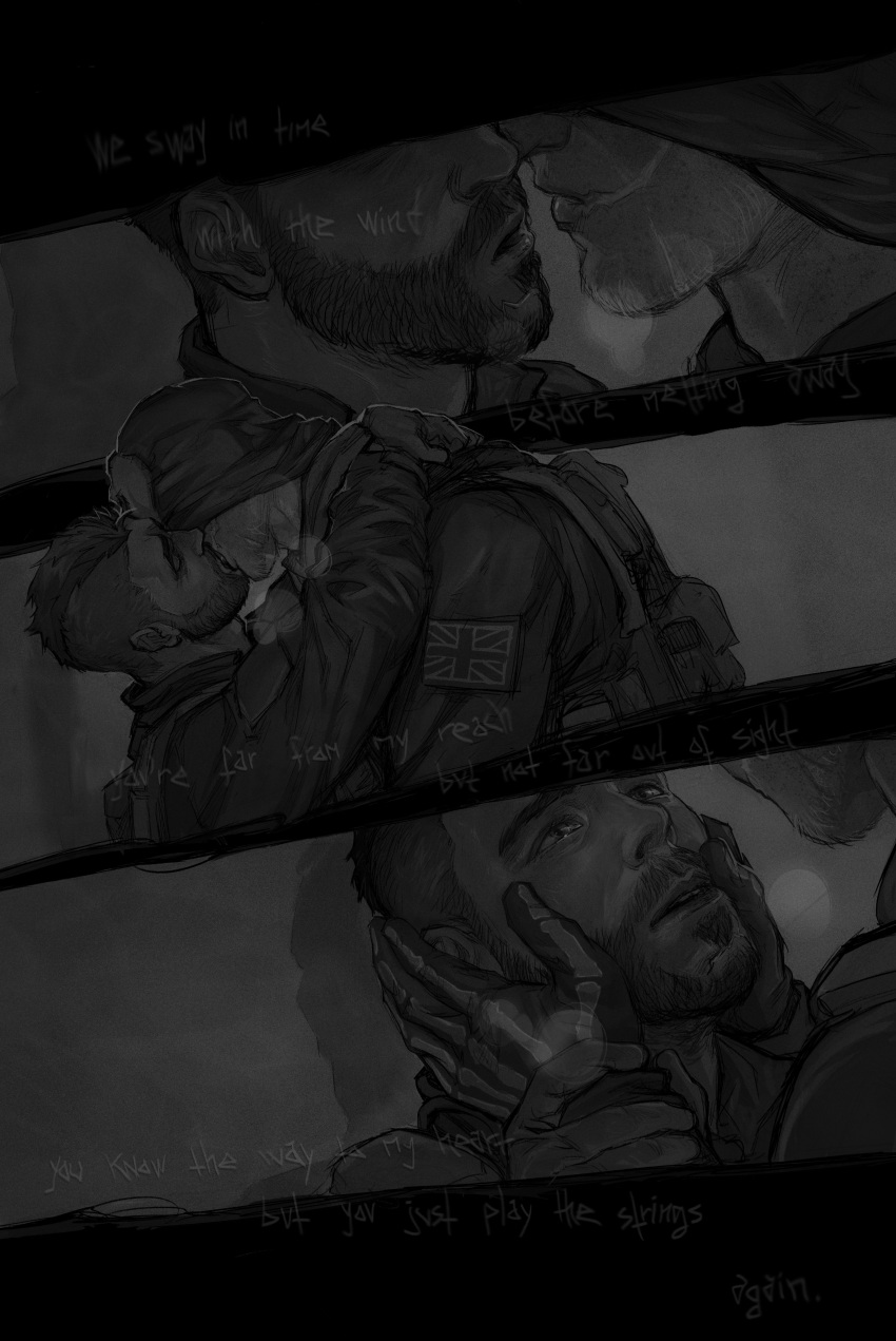 2boys absurdres backpack bag bara call_of_duty call_of_duty:_modern_warfare_2 closed_eyes couple english_text facial_hair ghost_(modern_warfare_2) gloves greyscale hands_on_another's_face highres holding_another's_wrist imminent_kiss jacket kiss looking_at_another male_focus mask mask_lift monochrome multiple_boys netcrow98 short_hair skull_mask soap_(modern_warfare_2) yaoi