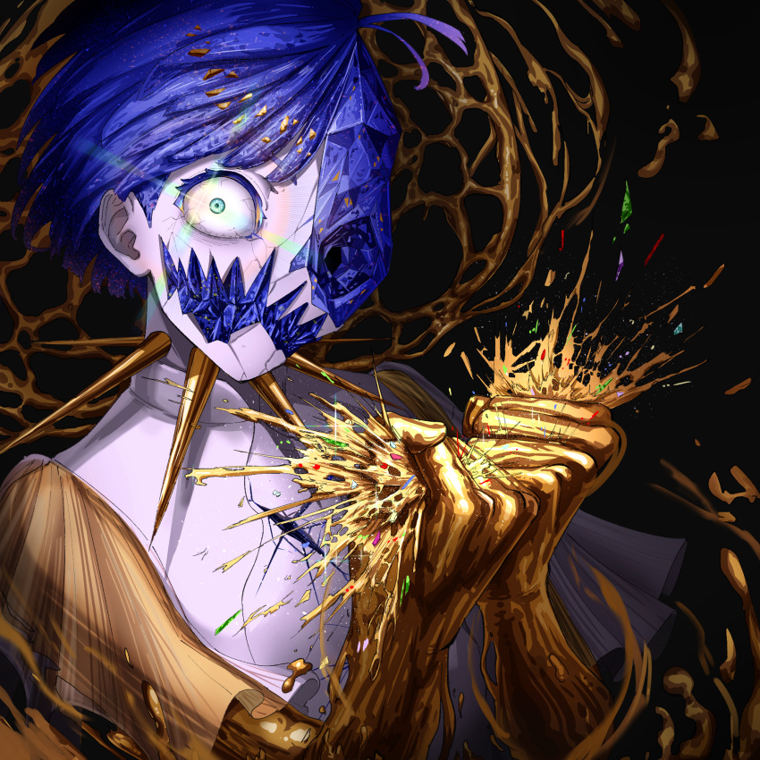 1other angry aqua_eyes black_background blue_hair body_horror clenched_hands cracked_skin crushing glint gold golden_arms hands_up highres hole_in_head houseki_no_kuni liquid looking_at_viewer miine_1029 moon_uniform_(houseki_no_kuni) one-eyed other_focus phosphophyllite phosphophyllite_(ll) see-through see-through_sleeves shards short_hair short_sleeves solo spoilers upper_body wide_sleeves