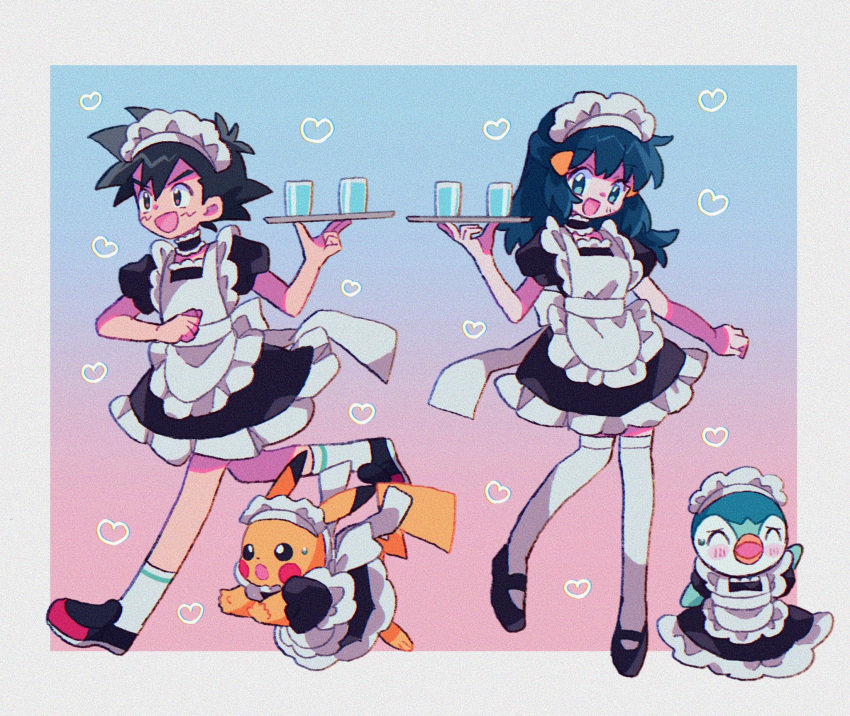 1boy 1girl alternate_costume apron ash_ketchum back_bow black_choker black_dress black_footwear black_hair blue_eyes blue_hair blush_stickers bow bright_pupils brown_eyes choker clothed_pokemon commentary crossdressing cup dawn_(pokemon) dress frilled_choker frilled_dress frilled_headwear frills full_body glass gradient_background hair_ornament hands_up happy headband heart heart_background highres holding holding_tray kneehighs looking_to_the_side maid maid_apron maid_headdress mgomurainu open_mouth pikachu piplup pokemon pokemon_(anime) pokemon_(creature) pokemon_dppt_(anime) puffy_short_sleeves puffy_sleeves running shoes short_hair short_sleeves sidelocks smile socks standing sweatdrop tray water white_apron white_bow white_headband white_socks