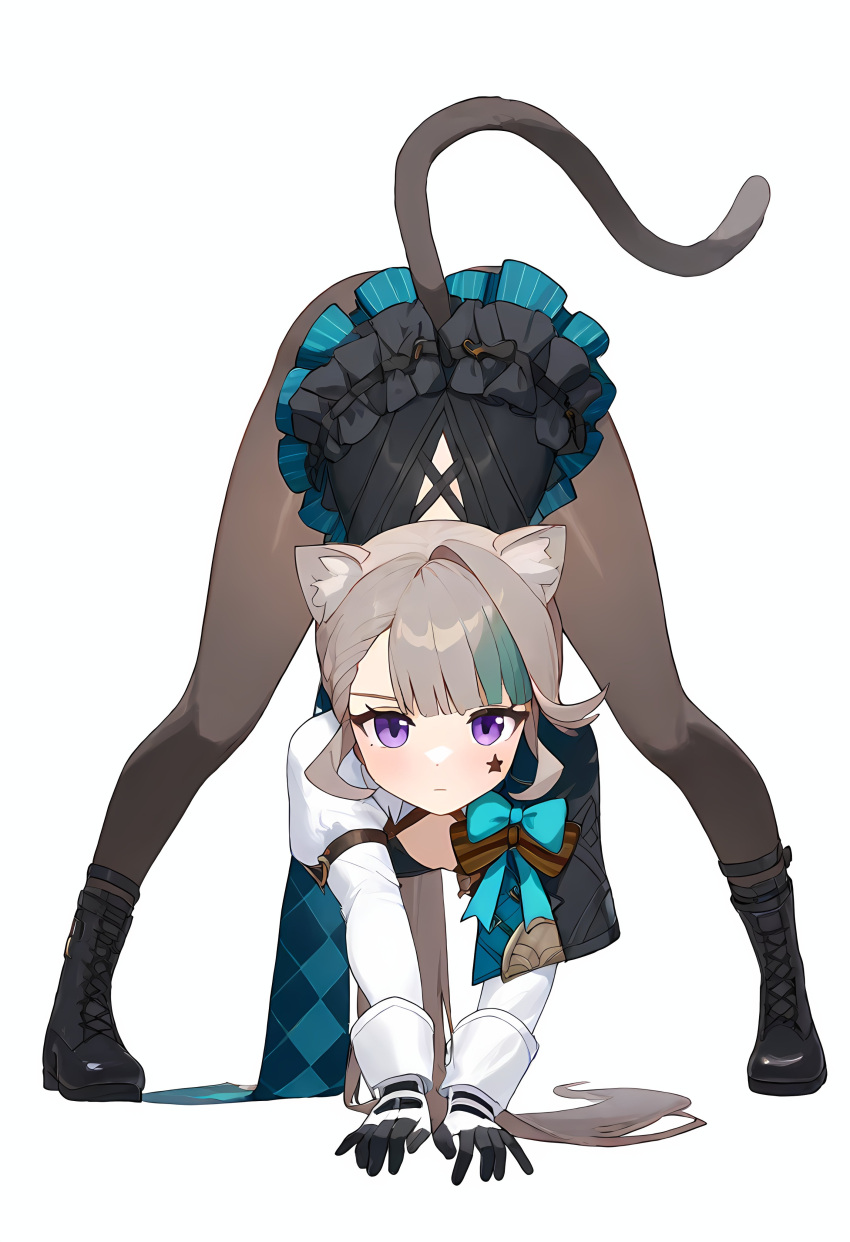 1girl absurdres ai-generated animal_ear_fluff animal_ears aqua_bow bent_over black_footwear bow breasts cat_ears cat_girl cat_stretch cat_tail closed_mouth facial_mark facial_tattoo frilled_leotard frills genshin_impact gloves grey_hair highres huge_bow leotard long_hair long_sleeves looking_at_viewer lynette_(genshin_impact) pantyhose purple_eyes solo star_(symbol) star_facial_mark star_tattoo stretching tail tattoo two-tone_gloves zero_(qingsongzero)