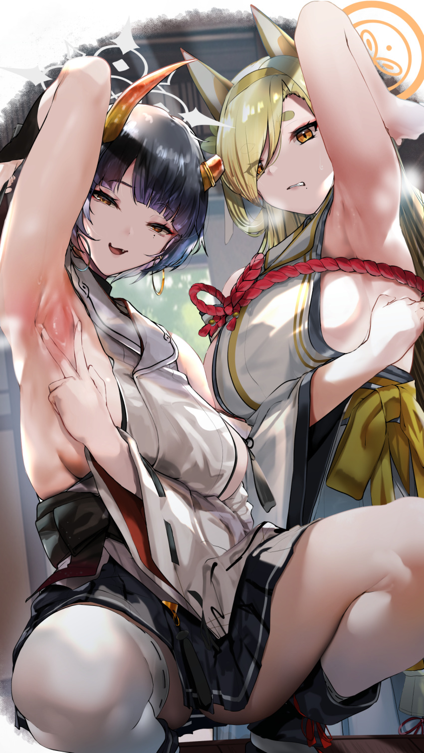 2girls animal_ears armpits asymmetrical_bangs bare_shoulders black_hair black_skirt blonde_hair blue_archive blunt_bangs blush breasts bridal_gauntlets broken_horn brown_eyes clenched_teeth detached_sleeves earrings extra_ears eyeliner fox_ears hair_over_one_eye hairband halo highres hoop_earrings horns japanese_clothes jewelry kaho_(blue_archive) kimono large_breasts long_hair looking_at_viewer makeup mole mole_under_eye multiple_girls niya_(blue_archive) nonohachi open_mouth pleated_skirt red_rope rope sash short_eyebrows short_hair sideboob single_bridal_gauntlet single_thighhigh skirt sleeveless sleeveless_kimono smile squatting tassel teeth thick_eyebrows thighhighs thighs very_long_hair white_kimono white_skirt white_thighhighs wide_sleeves yellow_eyes
