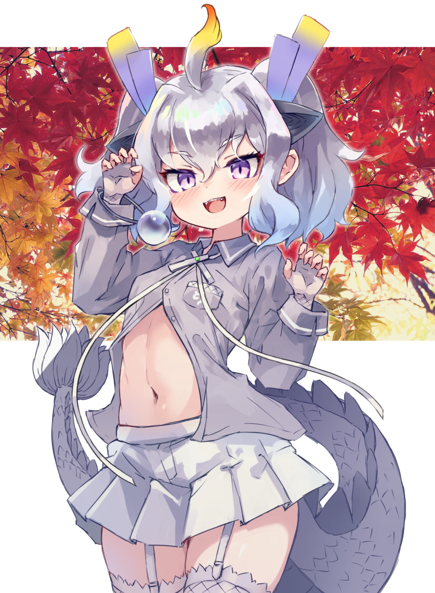 1girl blush claw_pose collared_shirt cowboy_shot dragon_ears dragon_girl dragon_horns dragon_tail extra_ears fingerless_gloves garter_straps gloves grey_gloves grey_hair grey_shirt highres horns kemono_friends kolshica long_sleeves midriff navel open_clothes open_mouth open_shirt pleated_skirt purple_eyes scales shirt short_hair short_twintails skirt smile solo tail thighhighs twintails white_dragon_(kemono_friends) white_hair white_skirt white_thighhighs zettai_ryouiki