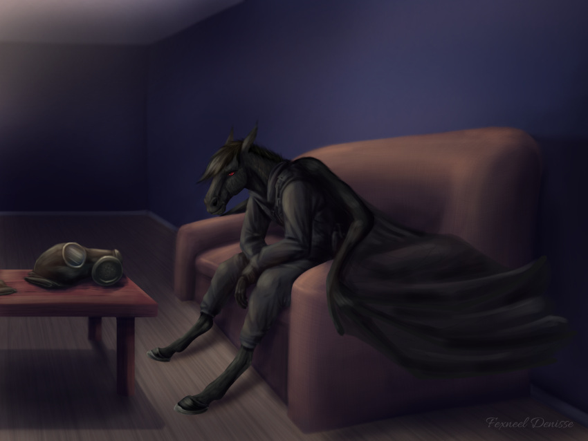 2021 anthro bat_pony black_body black_hair clothing digital_media_(artwork) equid fexneel_denisse floor furniture gas_mask hair hasbro hi_res hooves inside male mammal mask membrane_(anatomy) membranous_wings my_little_pony red_eyes sitting sofa solo watermark wings wood wood_floor