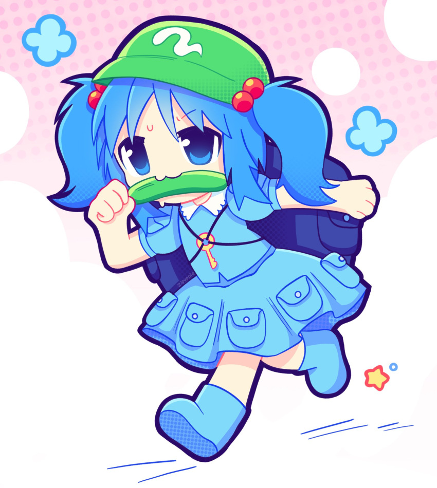 1girl backpack bag blue_eyes blue_footwear blue_hair blue_shirt blue_skirt chibi commentary cucumber english_commentary flat_cap food_in_mouth full_body green_headwear hair_bobbles hair_ornament hat highres kawashiro_nitori key medium_hair mouth_hold puffy_short_sleeves puffy_sleeves running shirt short_sleeves short_twintails sidelocks simple_background skirt skirt_set solo star_(symbol) touhou twintails zipuppie