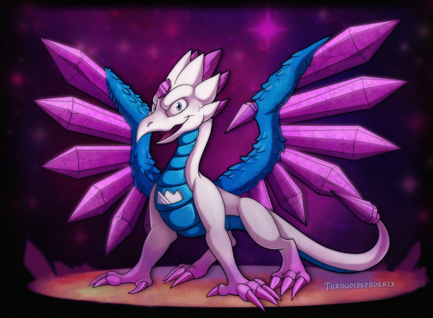 2022 activision artist_name blue_eyes blue_wings claws colored crystal crystal_dragon crystal_wings digital_media_(artwork) dragon female feral flashwing head_crystal hi_res looking_at_viewer open_mouth pink_claws pink_crystals shaded skylanders smile solo spiked_tail spiked_tail_tip spikes spikes_(anatomy) tail turquoisephoenix white_body white_tail wings
