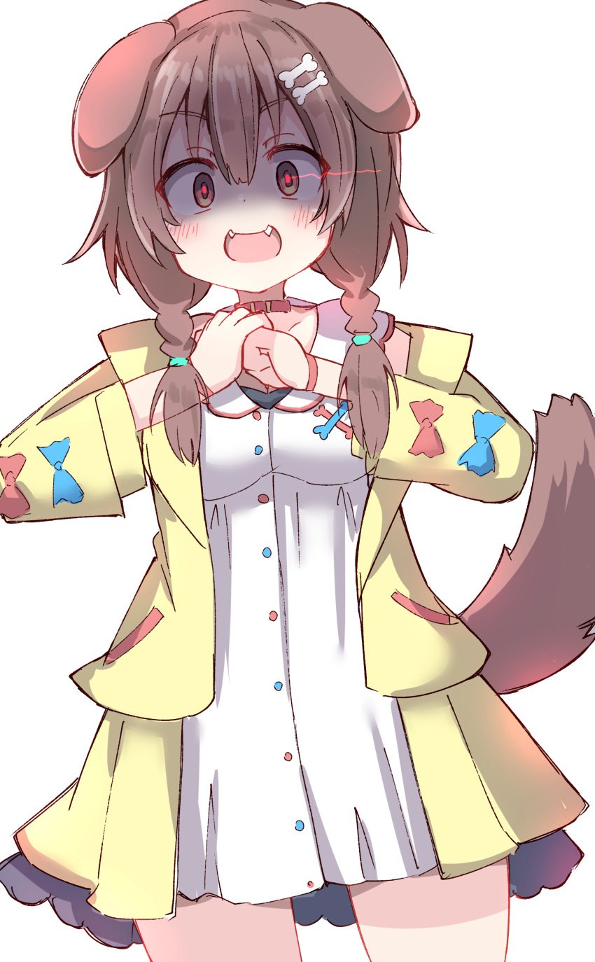 1girl :d absurdres animal_ears blue_bow blush bone_hair_ornament bow braid breasts brown_eyes brown_hair cartoon_bone collar commentary_request cracking_knuckles dog_ears dog_girl dog_tail dress fangs hair_between_eyes hair_ornament hair_over_shoulder highres hololive inugami_korone inugami_korone_(1st_costume) jacket long_hair long_sleeves looking_at_viewer low_twintails medium_breasts open_clothes open_jacket puffy_long_sleeves puffy_sleeves red_bow red_collar shaded_face simple_background sleeveless sleeveless_dress smile solo tail twin_braids twintails umberblack virtual_youtuber white_background white_dress yellow_jacket