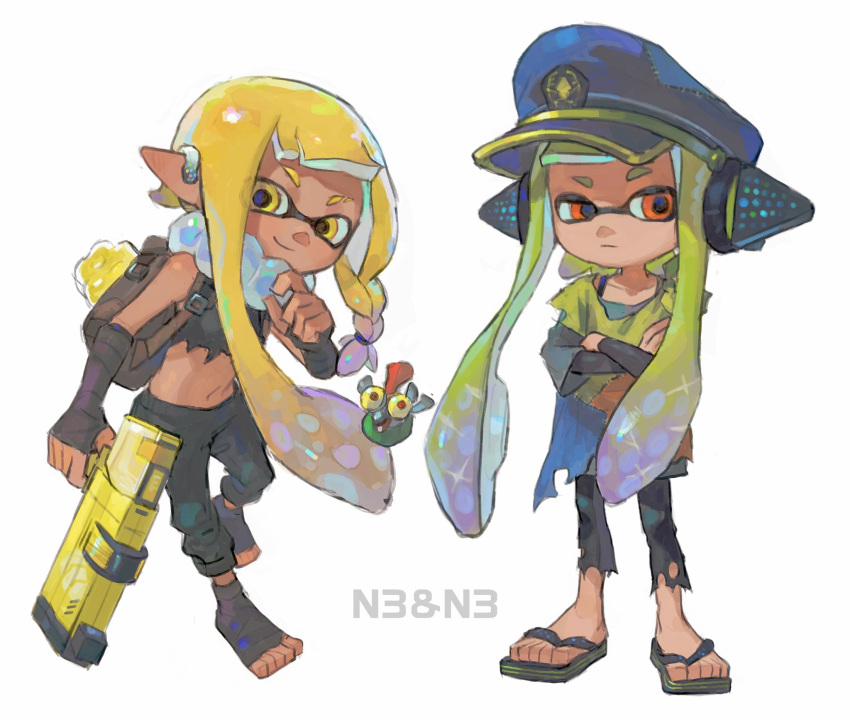 2girls agent_3_(splatoon) agent_3_(splatoon_3) backpack bag bandaged_arm bandages black_pants black_shirt blonde_hair character_name closed_mouth commentary_request crop_top crossed_arms earrings full_body gun hat headphones hero_shot_(splatoon_3) highres holding holding_gun holding_weapon inkling inkling_girl jewelry long_hair miko_(15476997) military_hat multiple_girls orange_eyes pants pointy_ears raised_eyebrows sandals shirt simple_background smallfry_(splatoon) smile splatoon_(series) splatoon_3 splattershot_(splatoon) standing tentacle_hair torn_clothes torn_pants torn_shirt weapon white_background yellow_eyes