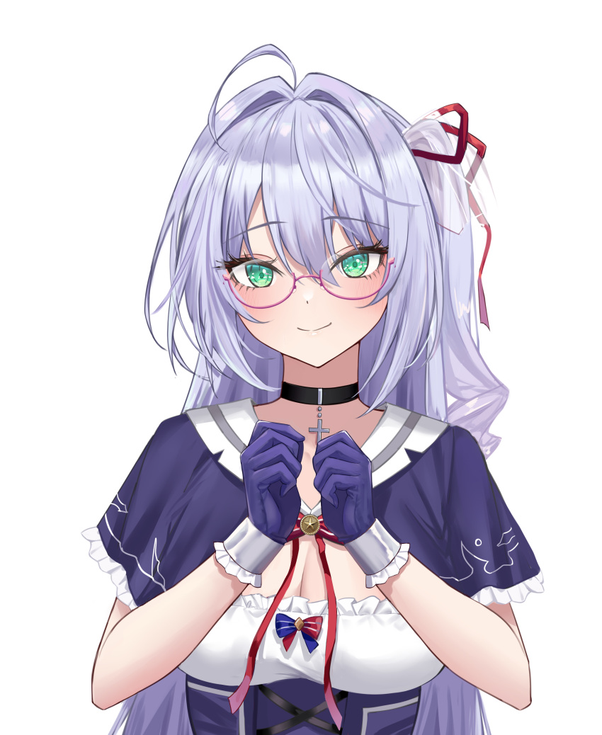 1girl absurdres azur_lane black_choker breasts choker cleavage commission cross cross_choker framed_breasts frilled_gloves frills glasses gloves green_eyes highres kirin3145 l'opiniatre_(azur_lane) long_hair looking_at_viewer medium_breasts pixiv_commission purple-framed_eyewear purple_gloves purple_hair simple_background smile solo upper_body very_long_hair white_background