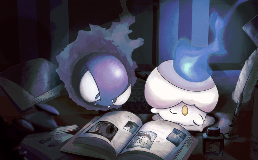 blue_fire book calligraphy_brush closed_mouth colored_skin commentary_request fangs fire fireblast floating gastly highres indoors litwick no_humans open_book paintbrush pokemon pokemon_(creature) white_skin yellow_eyes