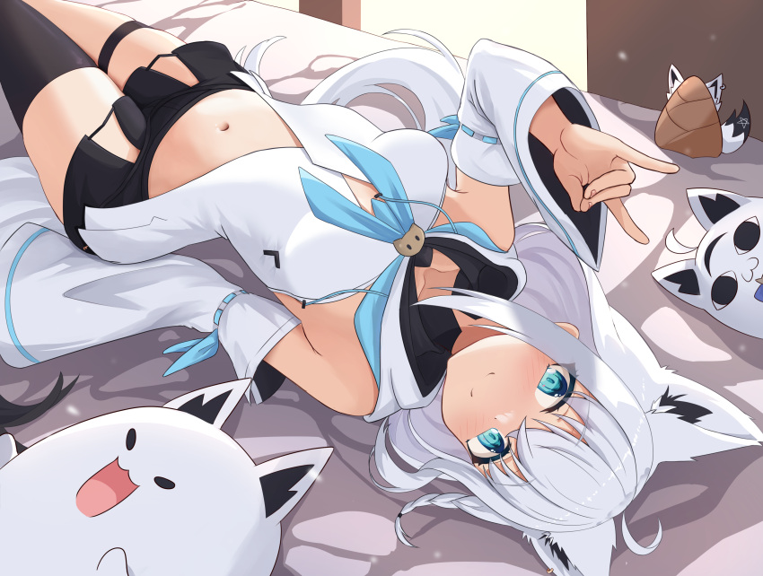 1girl absurdres animal_ears aqua_eyes black_shorts black_thighhighs commentary english_commentary fox_ears fox_girl fox_tail highres hololive looking_at_viewer lying navel on_back shirakami_fubuki shirakami_fubuki_(1st_costume) shorts single_thighhigh solo stomach tail telomere thigh_strap thighhighs upside-down virtual_youtuber white_hair