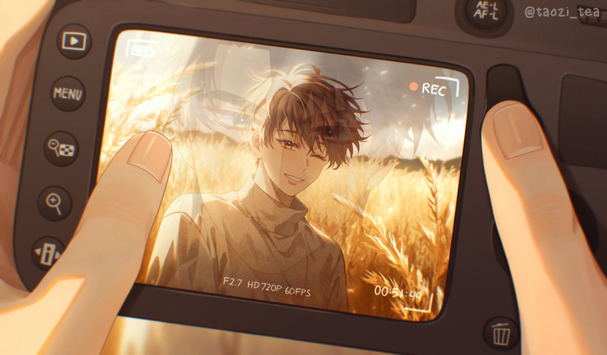 2boys brown_eyes brown_hair camera chromatic_aberration commentary english_commentary highres holding holding_camera kim_dokja looking_at_viewer male_focus multiple_boys omniscient_reader's_viewpoint one_eye_closed outdoors recording reflection short_hair smile taozi_tea upper_body wheat wheat_field yoo_joonghyuk