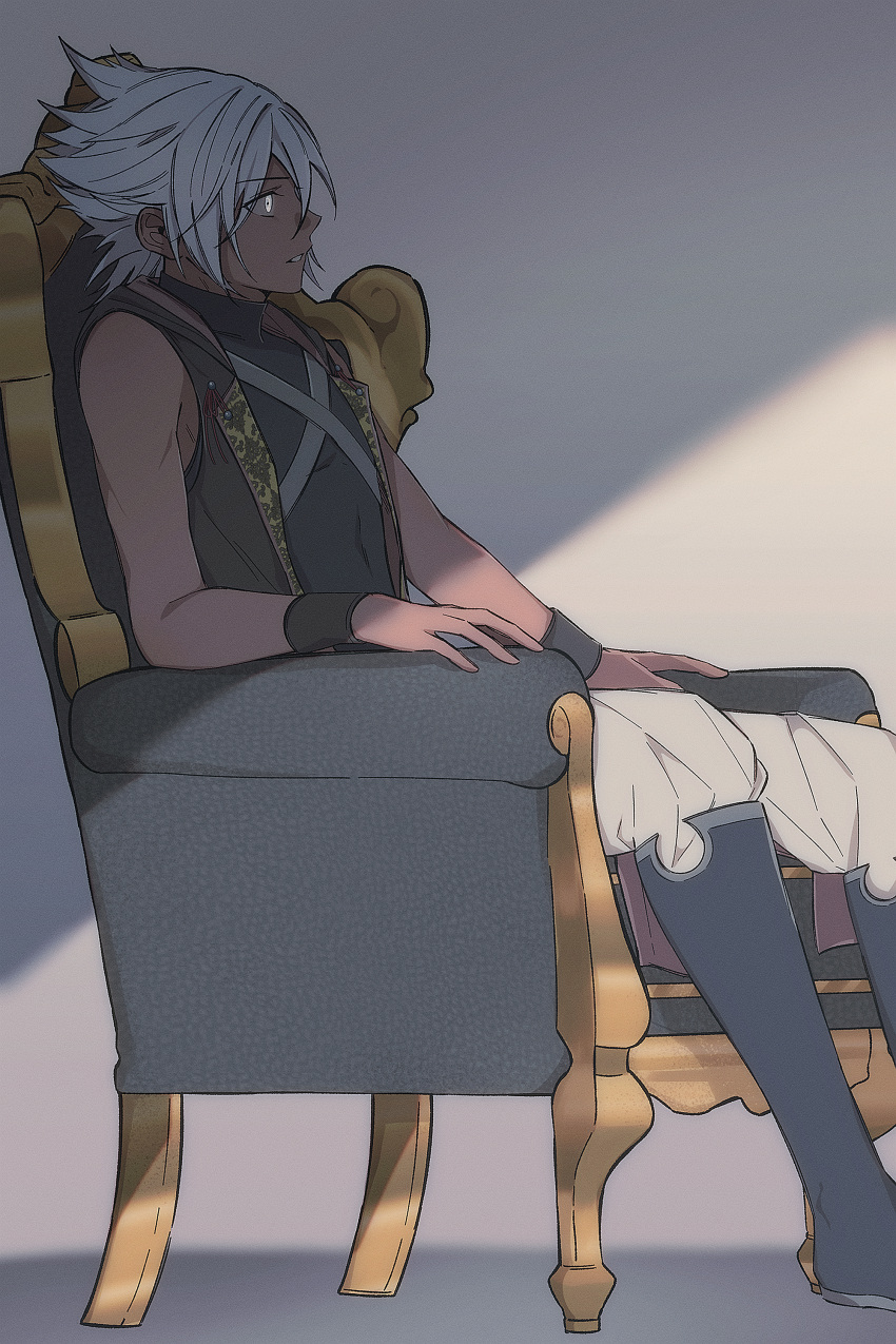 absurdres armband armchair black_armband black_footwear black_shirt black_vest boots chair criss-cross_straps from_side full_body gongju_s2 highres on_chair open_clothes open_vest pants shirt short_hair simple_background sitting sleeveless vest white_eyes white_hair xehanort