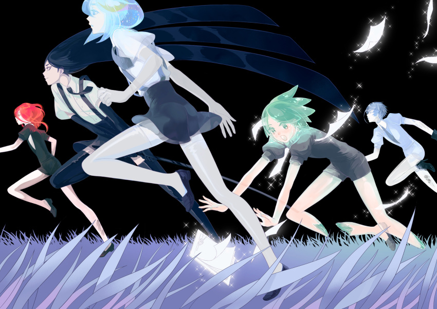 5others absurdres amputee androgynous antarcticite aqua_hair black_footwear black_hair black_necktie black_thighhighs blue_hair bob_cut bort catching charging_forward cinnabar_(houseki_no_kuni) colored_skin diamond_(houseki_no_kuni) double_amputee field flying_paper gem_uniform_(houseki_no_kuni) glowing grass green_eyes green_hair grey_hair high_heels highres holding holding_sword holding_weapon houseki_no_kuni long_hair looking_ahead looking_down multiple_others necktie night night_sky notepad oo0mog0oo open_mouth other_focus outstretched_arms pale_skin paper phosphophyllite profile puffy_short_sleeves puffy_sleeves red_hair running severed_limb shirt shoes short_hair short_sleeves shorts skort sky sparkle suspender_shorts suspenders sword thighhighs translucent_hair tripping very_long_hair weapon white_shirt white_shorts white_skin