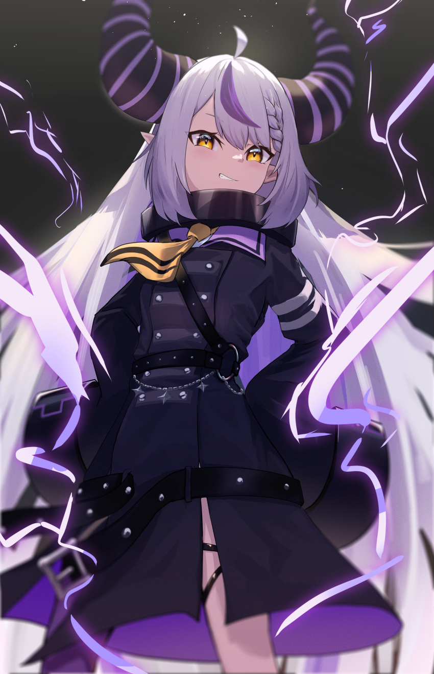 0gen3_illust 1girl absurdres ahoge ascot braid braided_bangs coat coat_dress collar demon_horns grey_hair highres hololive horns la+_darknesss la+_darknesss_(1st_costume) long_hair metal_collar multicolored_hair pantyhose pointy_ears purple_coat purple_hair purple_pantyhose sidelocks single_braid single_leg_pantyhose sleeves_past_fingers sleeves_past_wrists smile solo streaked_hair very_long_hair virtual_youtuber yellow_ascot yellow_eyes