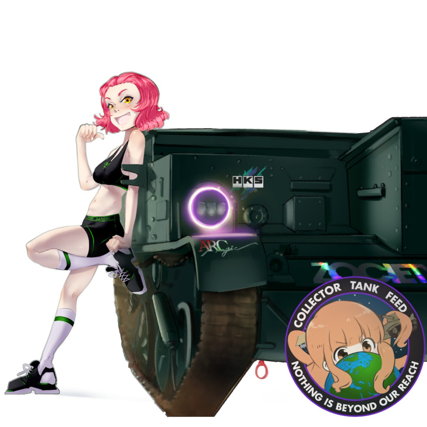 1girl against_vehicle alternate_costume black_footwear black_shorts black_sports_bra commentary emblem english_commentary english_text from_side girls_und_panzer highres leaning_back leg_up looking_at_viewer medium_hair military_vehicle motor_vehicle navel open_mouth orange_eyes pointing pointing_at_self red_hair rosehip_(girls_und_panzer) shoes short_shorts shorts smile sneakers socks solo sports_bra standing standing_on_one_leg takebe_saori toorops universal_carrier white_background white_socks