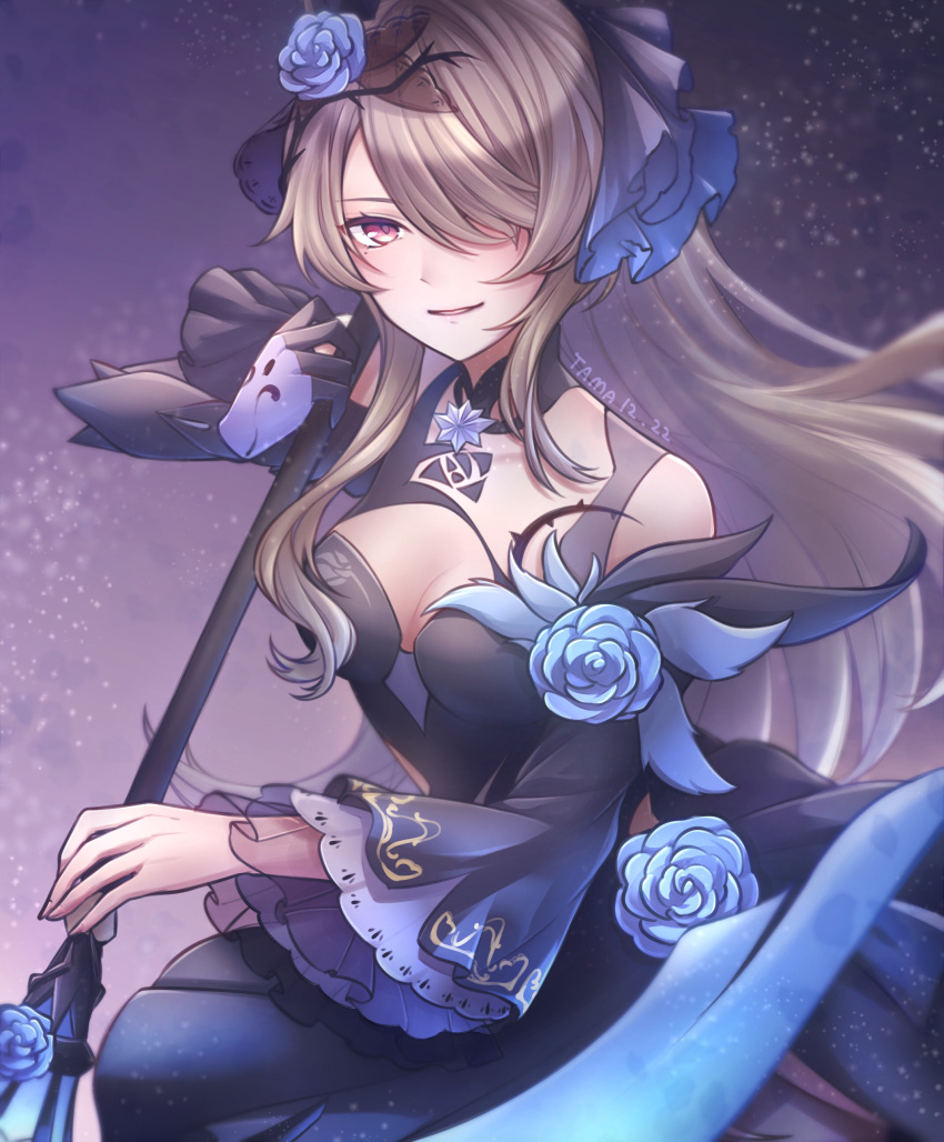 1girl absurdres breasts brown_hair cleavage commentary_request dress flower gloves hair_flower hair_ornament highres holding holding_scythe holding_weapon honkai_(series) honkai_impact_3rd long_hair looking_at_viewer purple_dress purple_eyes purple_flower purple_gloves purple_rose purple_sleeves rita_rossweisse rita_rossweisse_(fallen_rosemary) rose scythe single_glove single_sleeve smile solo tamacha very_long_hair weapon