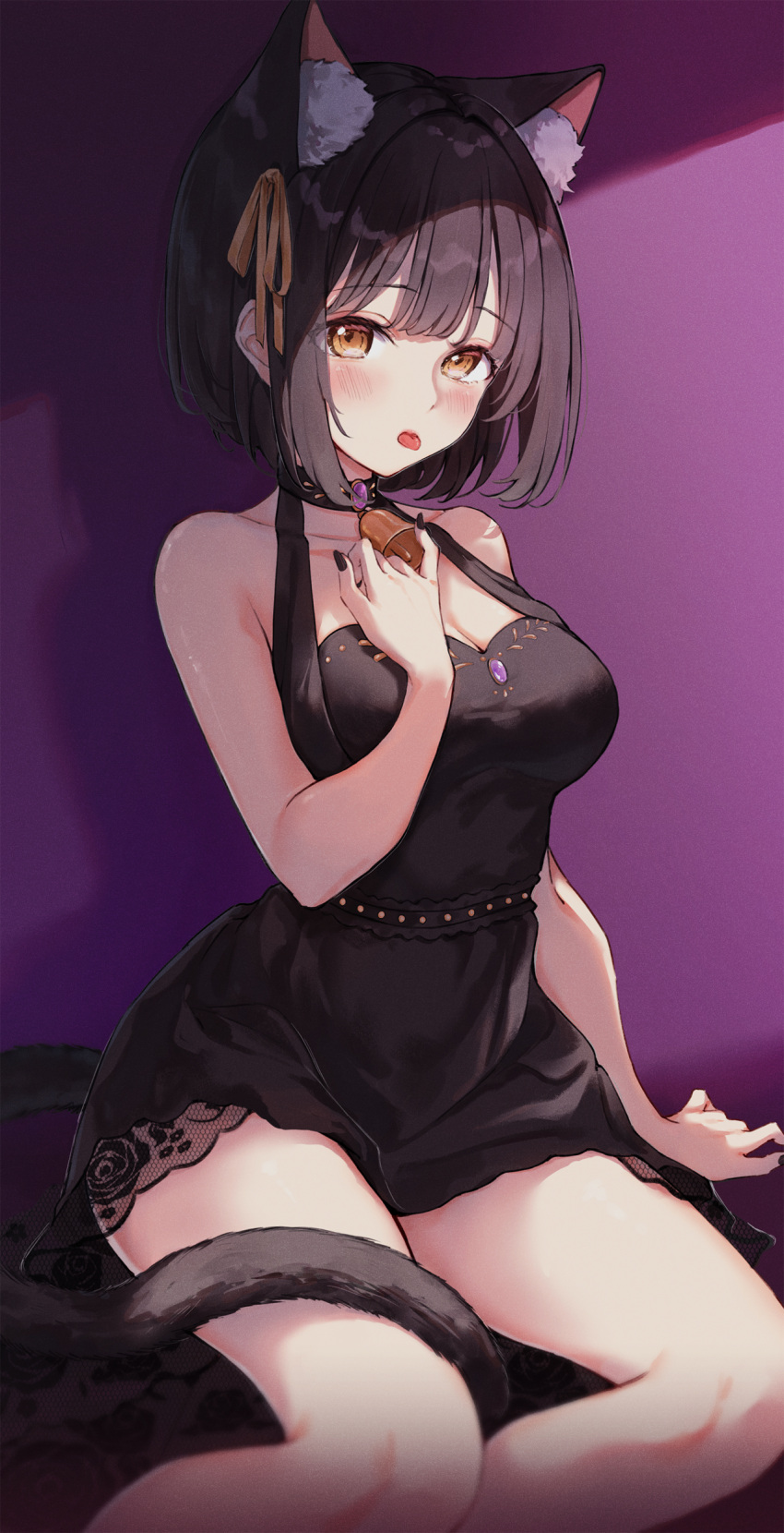 1girl absurdres animal_ear_fluff animal_ears arm_support bare_legs bell black_dress black_hair blush breasts cat_ears cat_girl cat_tail chilia012 cleavage collarbone commentary dress extra_ears fingernails floral_print hair_ribbon highres idolmaster idolmaster_cinderella_girls kemonomimi_mode looking_at_viewer medium_breasts nail_polish neck_bell ribbon short_hair simple_background sitting sleeveless sleeveless_dress solo symbol-only_commentary tail takafuji_kako tongue tongue_out