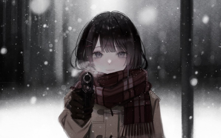 1girl aiming aiming_at_viewer black_gloves blunt_bangs blurry blurry_background blurry_foreground brown_coat closed_mouth coat cropped_torso depth_of_field duffel_coat enpera eyelashes gloves grey_eyes gun hair_ornament hairclip handgun holding holding_gun holding_weapon kisumipri looking_at_viewer medium_hair nijisanji plaid plaid_scarf pointing pointing_at_viewer pointing_gun pointing_weapon red_scarf revision scarf smile snow snowing solo tsukino_mito tsukino_mito_(6th_costume) upper_body virtual_youtuber weapon winter winter_clothes