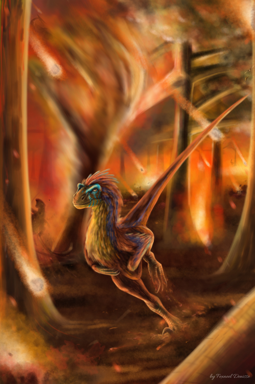 2021 ambiguous_gender claws digital_media_(artwork) feathers feral fexneel_denisse forest_fire hi_res meteor_shower plant pterosaur reptile reptilian_tail scalie solo tree watermark