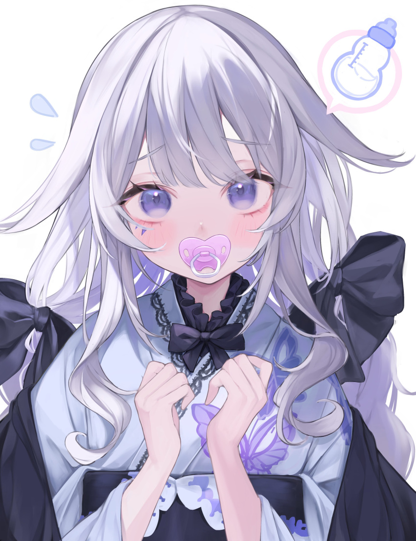 1girl absurdres animal_print baby_bottle bottle bow butterfly_print grey_hair hair_bow highres hololive hololive_english irisu-chan_(yumemiruk) japanese_clothes kimono koseki_bijou koseki_bijou_(new_year) long_hair pacifier purple_eyes virtual_youtuber white_background