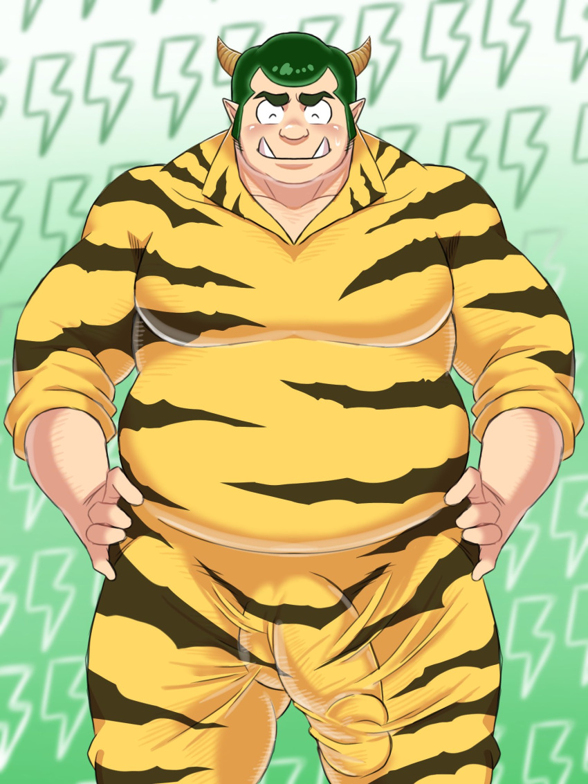 2024 balls_outline belly big_belly bulge clothed clothing eyes_closed genital_outline ginnan_0510 green_hair hair hi_res horn horned_humanoid humanoid lum's_father male musclegut overweight overweight_male penis_outline solo urusei_yatsura