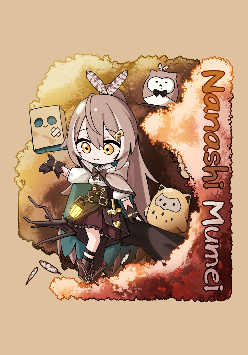 1girl absurdres ankle_boots autumn_leaves boots brown_background brown_capelet brown_cloak brown_corset brown_eyes brown_hair cape capelet character_name chibi cloak corset dagger falling_feathers feather_hair_ornament feathers friend_(nanashi_mumei) gloves hair_ornament highres hololive hololive_english hooman_(nanashi_mumei) hootsie_(nanashi_mumei) in_tree jadea5124 kneehighs knife lantern long_hair nanashi_mumei nanashi_mumei_(1st_costume) partially_fingerless_gloves pleated_skirt pouch red_skirt ribbon shirt single_kneehigh single_sock single_thighhigh skirt smile socks thighhighs tree very_long_hair virtual_youtuber weapon white_shirt