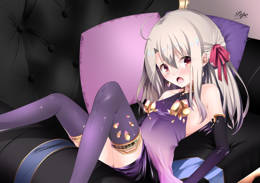 1girl armlet armor bare_shoulders bikini_armor blush breasts collar cosplay couch cushion detached_sleeves dress earrings fate/grand_order fate/kaleid_liner_prisma_illya fate_(series) hair_ribbon highres illyasviel_von_einzbern jewelry kama_(fate) kama_(fate)_(cosplay) kama_(first_ascension)_(fate) long_hair looking_at_viewer lying metal_collar miniskirt on_back open_mouth pei_iriya purple_dress purple_skirt purple_sleeves purple_thighhighs red_eyes ribbon sidelocks skirt small_breasts solo thighhighs thighlet white_hair