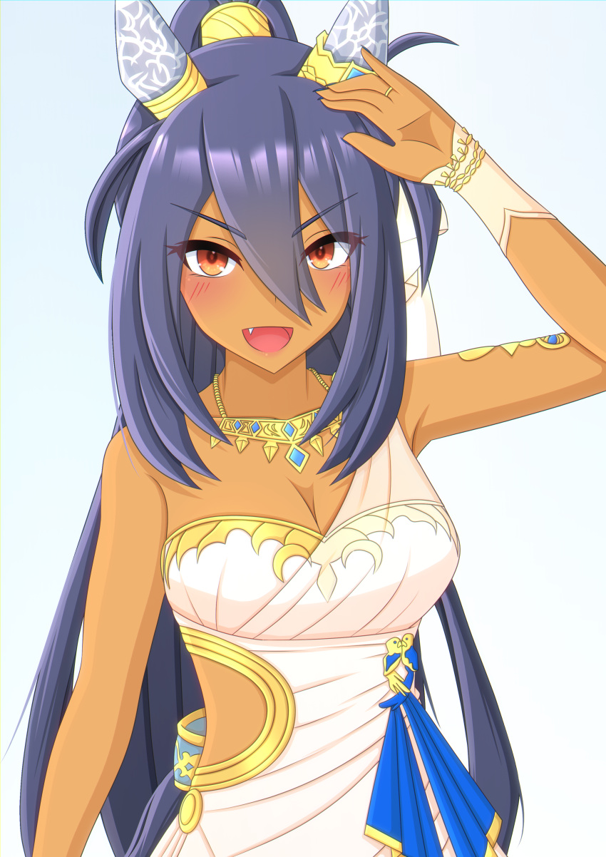 1girl 2-butani absurdres animal_ears arm_up armpits bare_shoulders black_hair blue_nails blush breasts cherry_blossoms cleavage commentary_request dark-skinned_female dark_skin dress ear_covers fang gem gold_bracelet gold_necklace hair_between_eyes highres hishi_amazon_(hungry_veil)_(umamusume) hishi_amazon_(umamusume) horse_ears horse_girl jewelry long_hair medium_breasts necklace nontraditional_wedding_dress official_alternate_costume ponytail red_eyes simple_background smile solo umamusume upper_body very_long_hair wedding_dress white_background white_dress