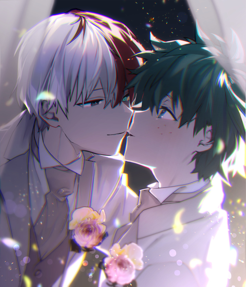 2boys absurdres aqua_eyes blue_eyes blurry blush bokeh boku_no_hero_academia boutonniere burn_scar buttons chromatic_aberration closed_mouth collared_shirt curtains depth_of_field face-to-face flower formal freckles from_side green_hair grey_eyes groom hair_between_eyes happy heterochromia highres imminent_kiss jacket lapels leaning_forward light makuro male_focus midoriya_izuku multicolored_hair multiple_boys narrowed_eyes necktie notched_lapels parted_lips pink_flower profile red_hair scar scar_on_face shirt short_hair sidelighting sideways_mouth smile soft_focus split-color_hair straight_hair todoroki_shouto transparent transparent_curtains tuxedo two-tone_hair upper_body waistcoat wedding white_hair white_shirt wing_collar yaoi