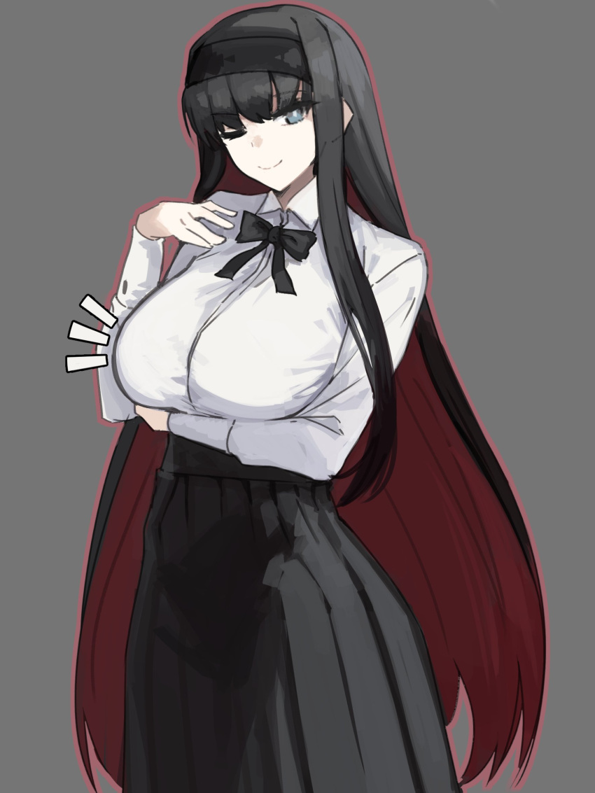 1girl alternate_breast_size arm_under_breasts black_bow black_bowtie black_hair black_hairband black_skirt bow bowtie breasts closed_mouth colored_inner_hair commentary english_commentary grey_background grey_eyes hairband highres jonyeld large_breasts long_hair long_skirt long_sleeves looking_at_viewer multicolored_hair notice_lines one_eye_closed outline red_hair red_outline shirt simple_background skirt smile solo tohno_akiha tsukihime two-tone_hair very_long_hair white_shirt