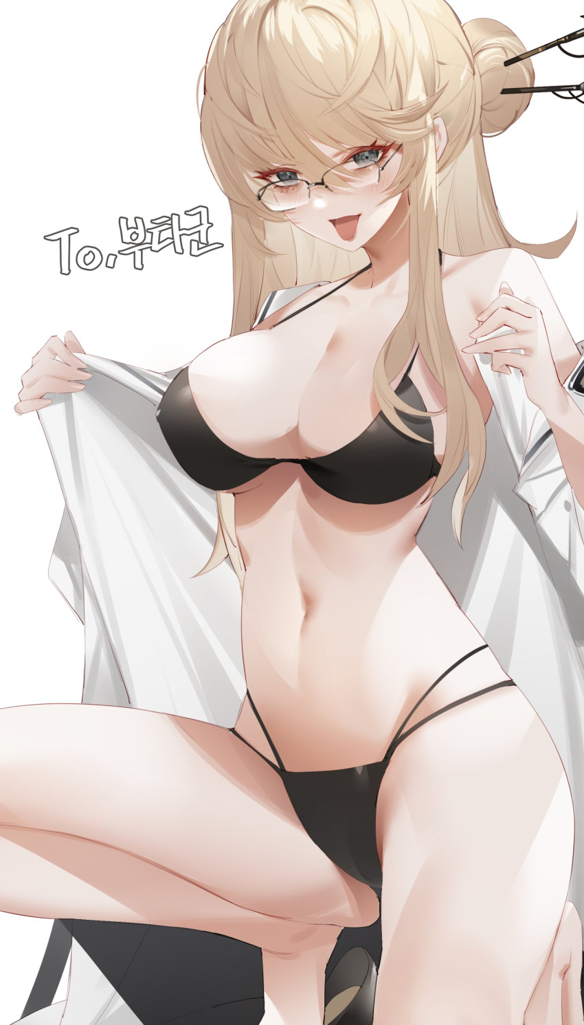 1girl absurdres bare_shoulders bikini black_bikini black_footwear blonde_hair breasts character_request cleavage coat commission dungeon_and_fighter glasses grey_eyes hair_ornament hair_stick high_heels highres long_hair navel on_one_knee open_clothes open_coat planbi semi-rimless_eyewear solo swimsuit tongue tongue_out white_coat