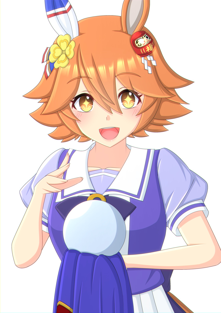+_+ 1girl 2-butani :d absurdres animal_ears blush bow bowtie breasts commentary_request daruma_doll ear_covers hair_between_eyes hair_ornament highres holding_orb horse_ears horse_girl looking_at_viewer matikanefukukitaru_(umamusume) medium_breasts open_mouth orange_hair orb pleated_skirt school_uniform short_hair simple_background single_ear_cover skirt smile solo summer_uniform tracen_school_uniform umamusume upper_body white_background white_skirt yellow_eyes
