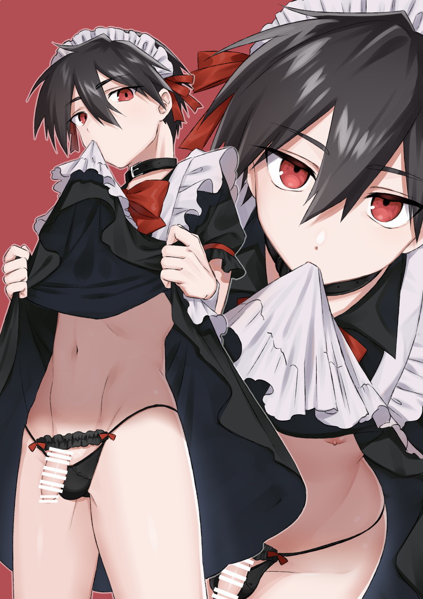 1boy absurdres apron black_choker black_dress black_hair black_male_underwear bow choker clothes_in_mouth clothes_lift crossdressing dress dress_lift hair_bow highres looking_at_viewer maid maid_apron maid_headdress male_focus male_underwear omiyacha original penis red_background red_bow red_eyes short_hair short_sleeves simple_background solo thong underwear white_headdress
