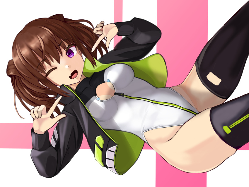1girl absurdres alice_gear_aegis black_jacket black_thighhighs booth_babe breasts brown_hair cleavage_cutout clothing_cutout companion/af couch cowboy_shot fang front_zipper full-length_zipper highleg highleg_leotard highres jacket kimikage_yui leotard looking_at_viewer panda_sasasa pointing pointing_at_self purple_eyes race_queen short_hair sitting skin_fang small_breasts smile solo thighhighs turtleneck turtleneck_leotard two-tone_background white_background white_leotard zipper zipper_leotard zipper_pull_tab