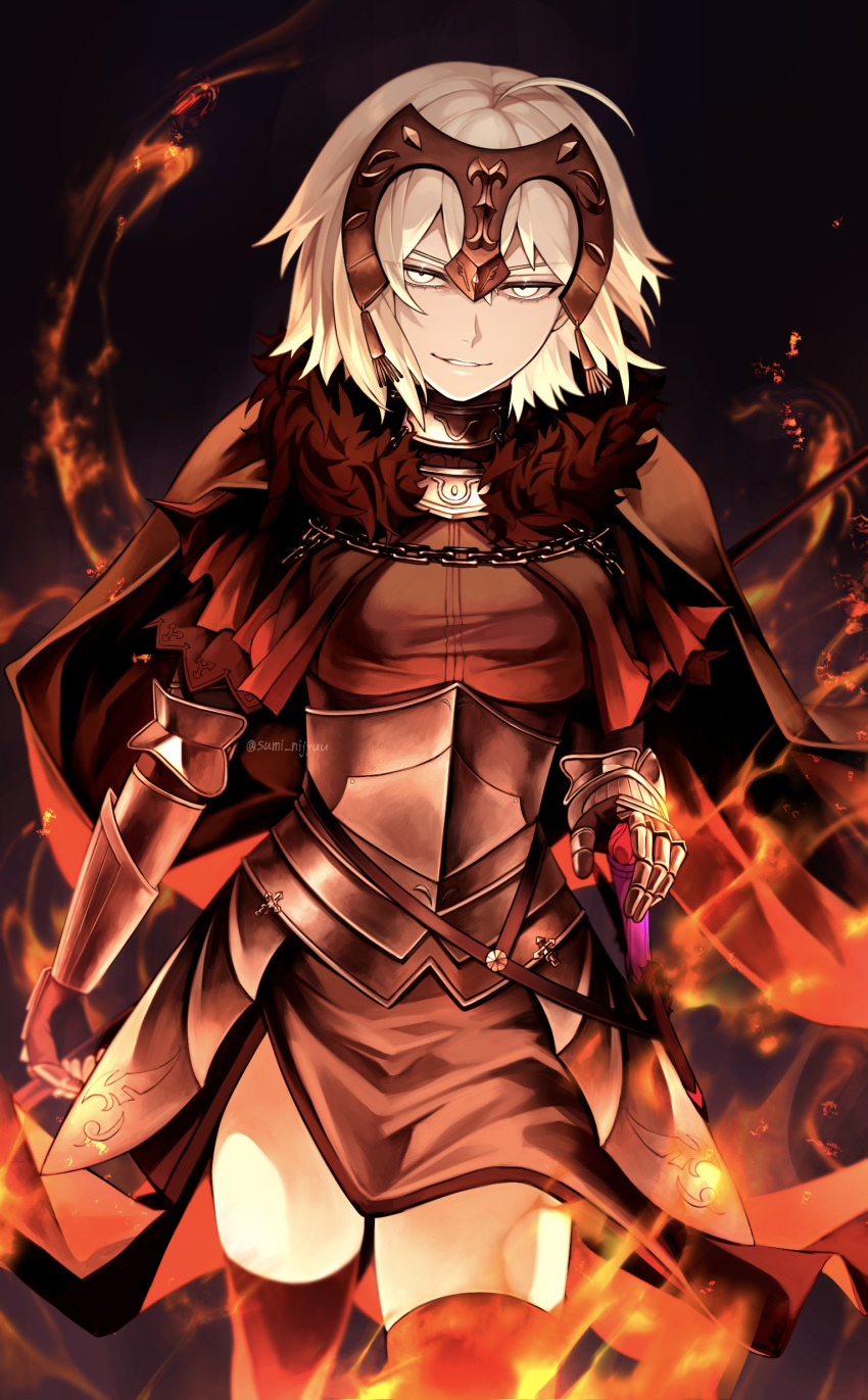1girl absurdres ahoge armor armored_dress black_armor black_background black_cape black_dress black_thighhighs cape chain commentary_request dress evil_grin evil_smile fate/grand_order fate_(series) fire fur-trimmed_cape fur_trim gauntlets grey_hair grin headpiece highres jeanne_d'arc_alter_(avenger)_(fate) jeanne_d'arc_alter_(avenger)_(first_ascension)_(fate) jeanne_d'arc_alter_(fate) looking_at_viewer plackart sheath sheathed short_hair simple_background smile solo sumi_(gfgf_045) sword thighhighs weapon yellow_eyes